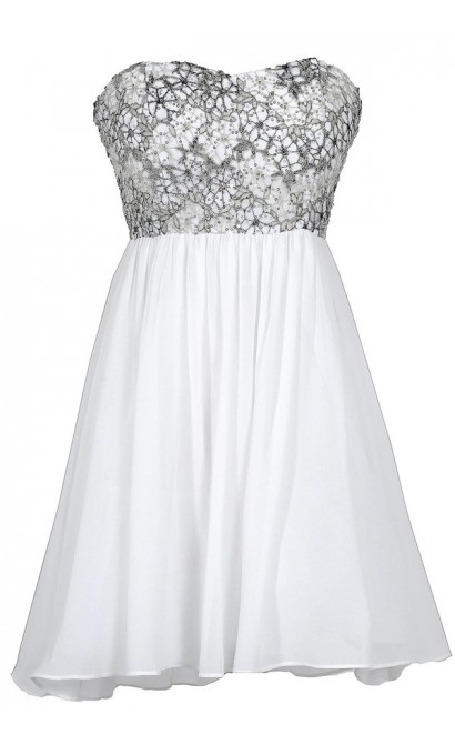 Stars In The Sky Sequin Lace Overlay Designer Dress by Minuet in White